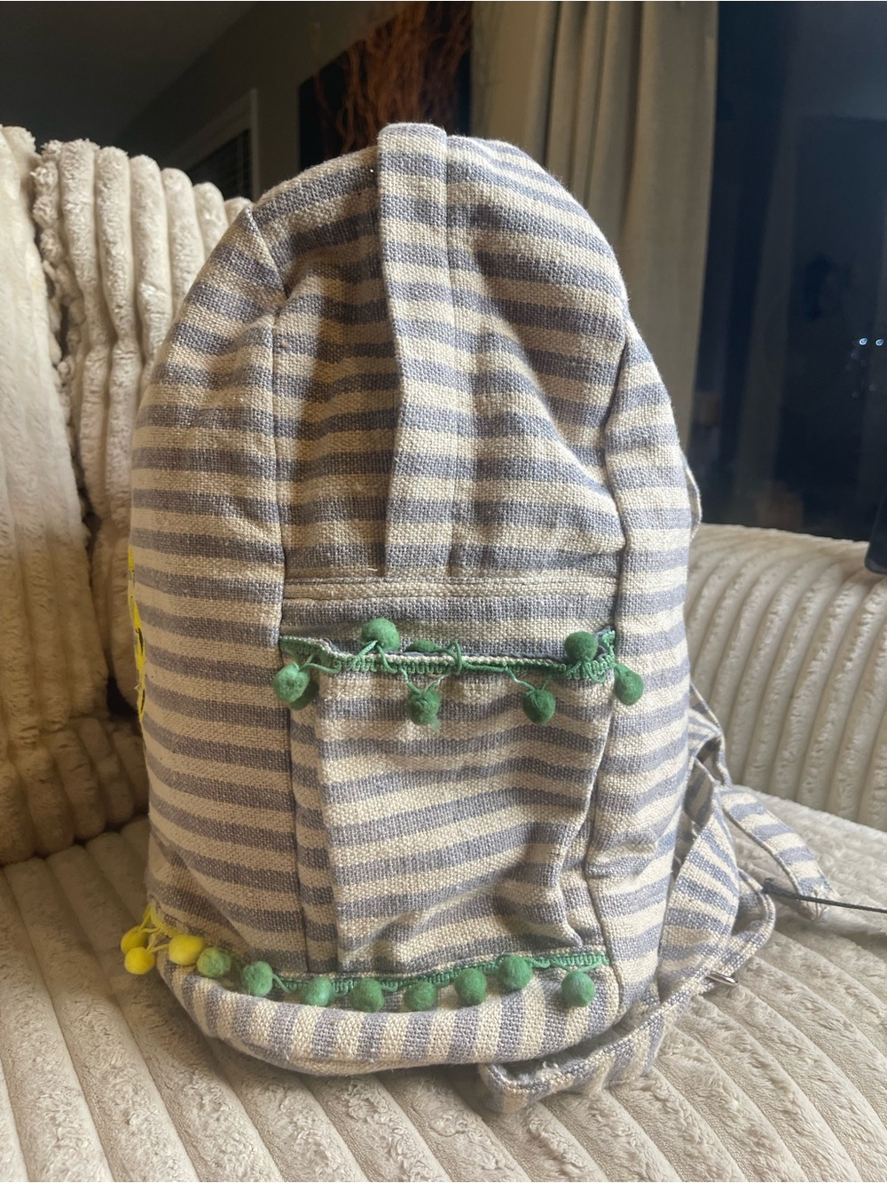 Pineapple Backpack Grey Striped Canvas Boho Travel School Bag Pom Poms - Picture 6 of 9